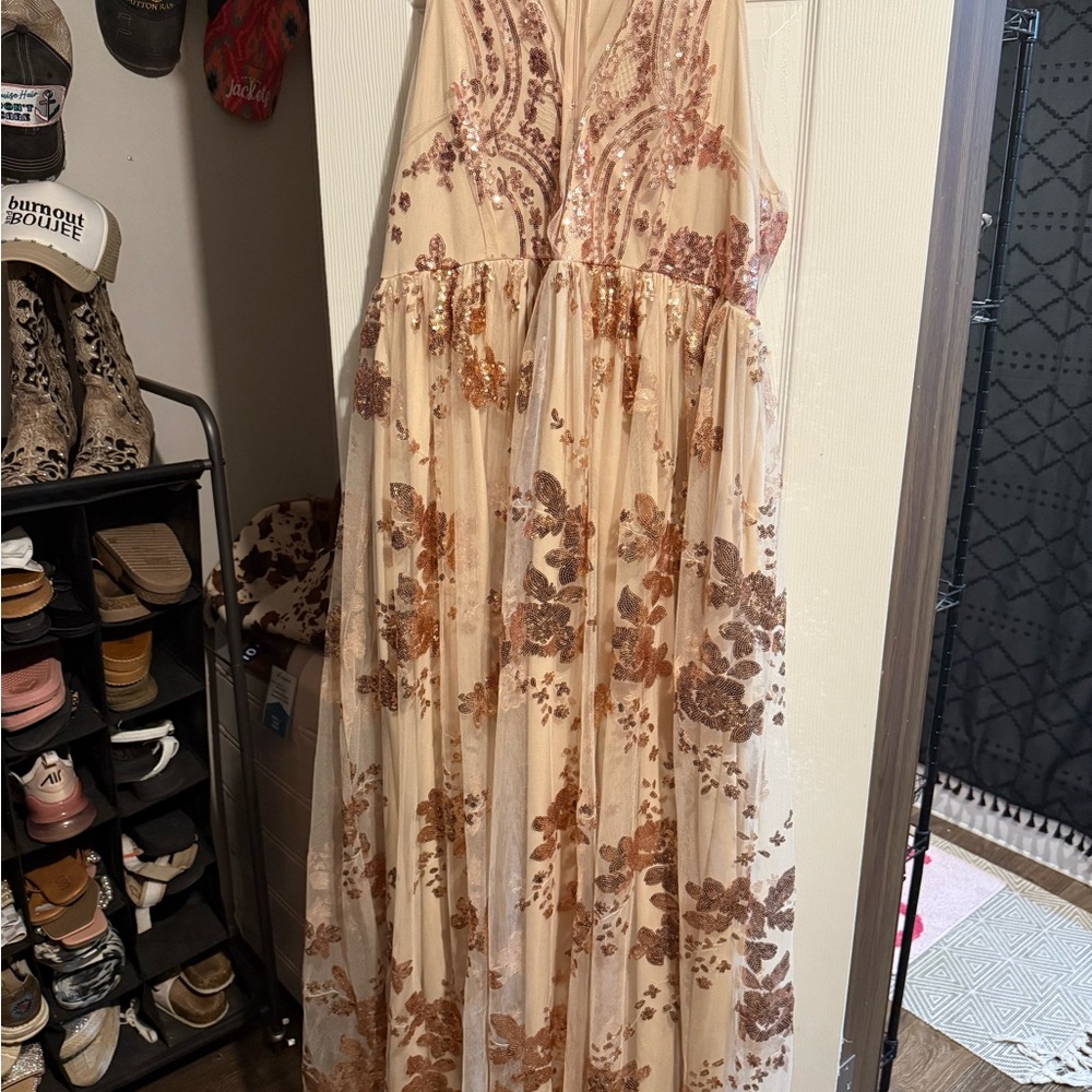 Cream Gold Maxi Sundress for Prom